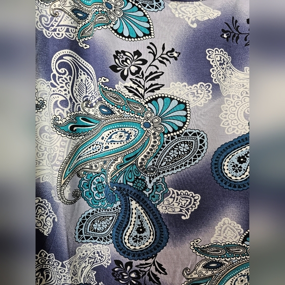 Women's Round Neck Short-Sleeve Flowy Chiffon Loose Tunic Top, Teal Paisley - Picture 5 of 8